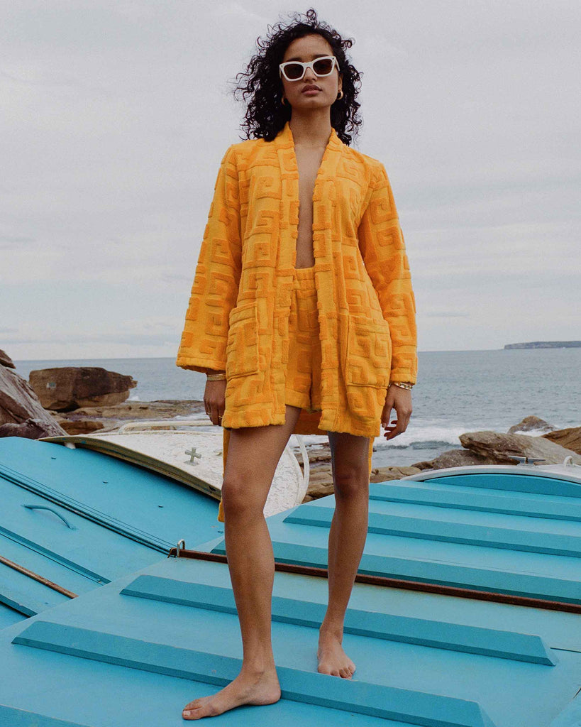 Eos Bell Sleeve Mandarin Robe | Lucy Folk Towelling | Lucy Folk